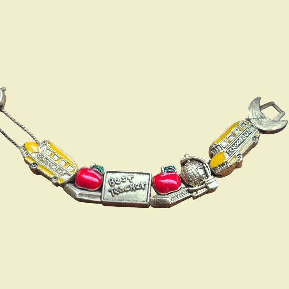 Vintage Best Teacher Charm Bracelet With Apples School Bus Teacher Gift daycare - Picture 2 of 10